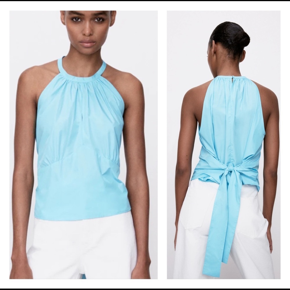 Zara Aqua Tie Back Bow Halter Top